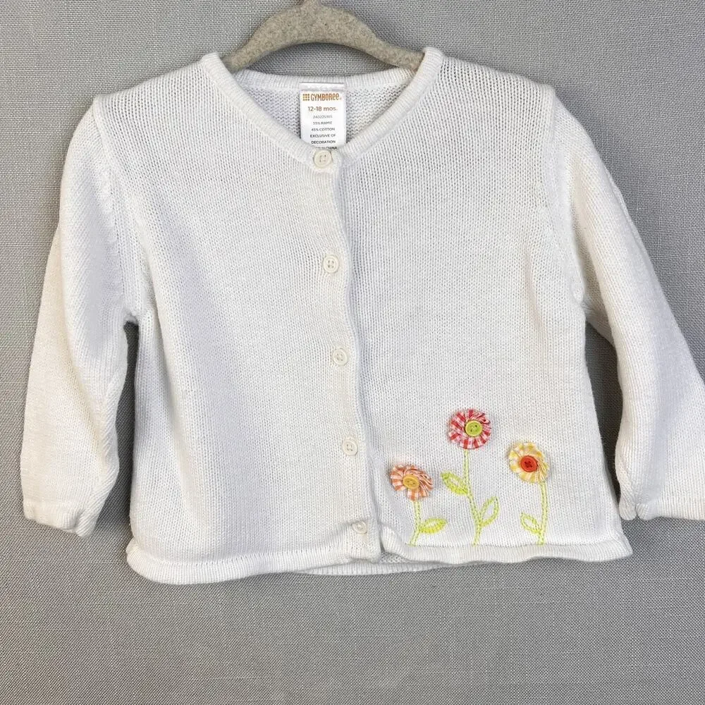Gymboree Button Front Cardigan Sweater Infant 12 -18 Mos White Flowers Cotton